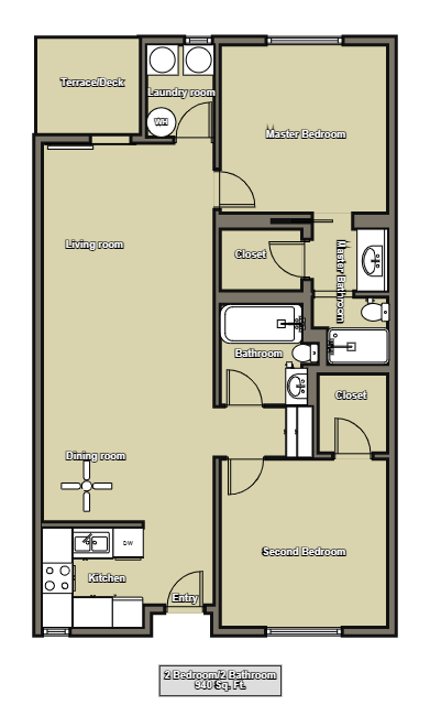 Floor plan for 2 beds, 2 baths, 940 sqft